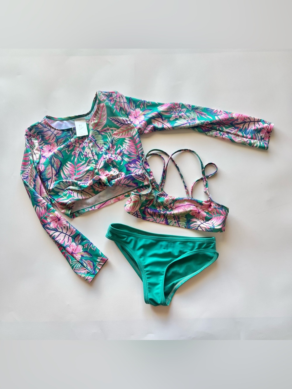 Girls medium 8 Art Class 3 piece floral teal bathing suit